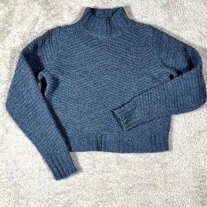 Old Navy Cropped Sweater Womens XS Blue Tight Knit Mock Neck Winter Ribbed Hem